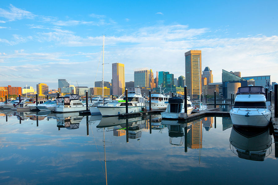 Downtown city skyline, Inner Harbor and marina, Baltimore, Maryland, USA